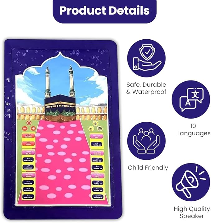 Interactive Electronic Prayer Mat for Kids with Touch Sensors, Audio Guidance, Multi-Language Learning Prayer Rug for Children