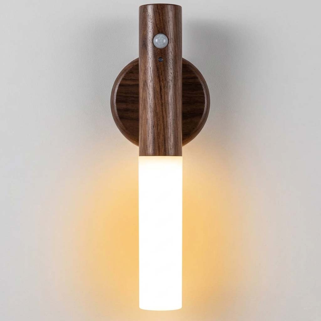 Motion Sensor LED Night Light, Rechargeable Magnetic Wall Lamp with 4M Detection Range, Portable Handheld Light, Walnut Finish, USB Rechargeable