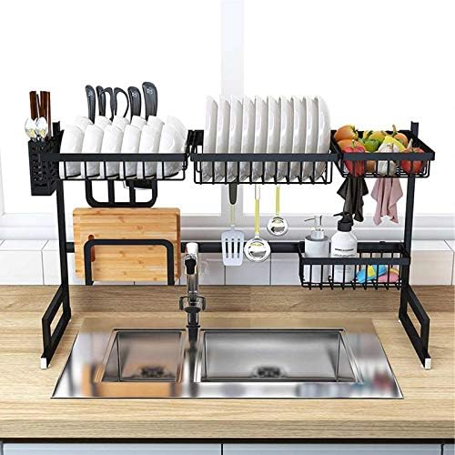 Over Sink Kitchen Dish Drying Rack Organizer | Stainless Steel Storage Shelf with Utensil Holders for Kitchen Essentials, 65/85cm