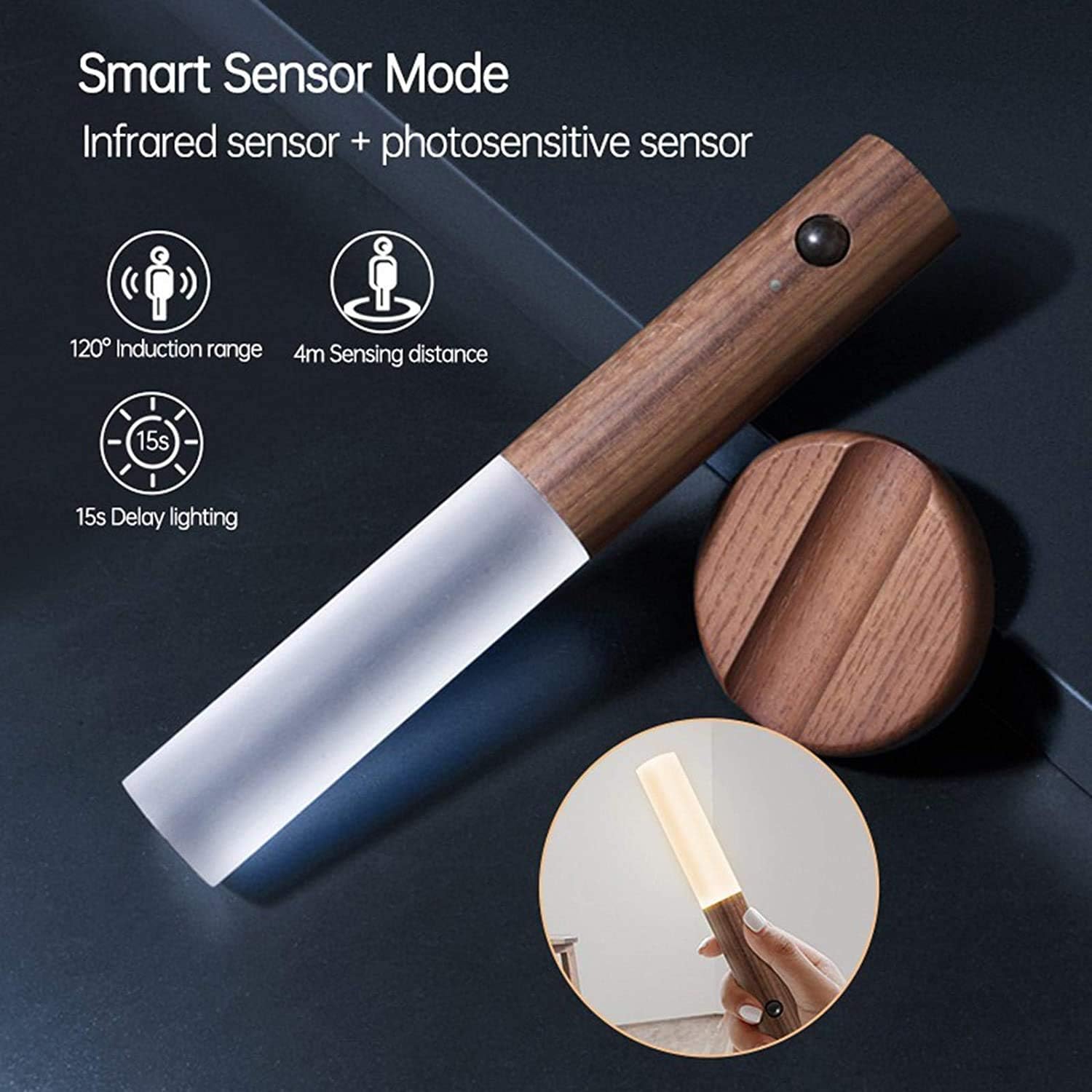 Motion Sensor LED Night Light, Rechargeable Magnetic Wall Lamp with 4M Detection Range, Portable Handheld Light, Walnut Finish, USB Rechargeable